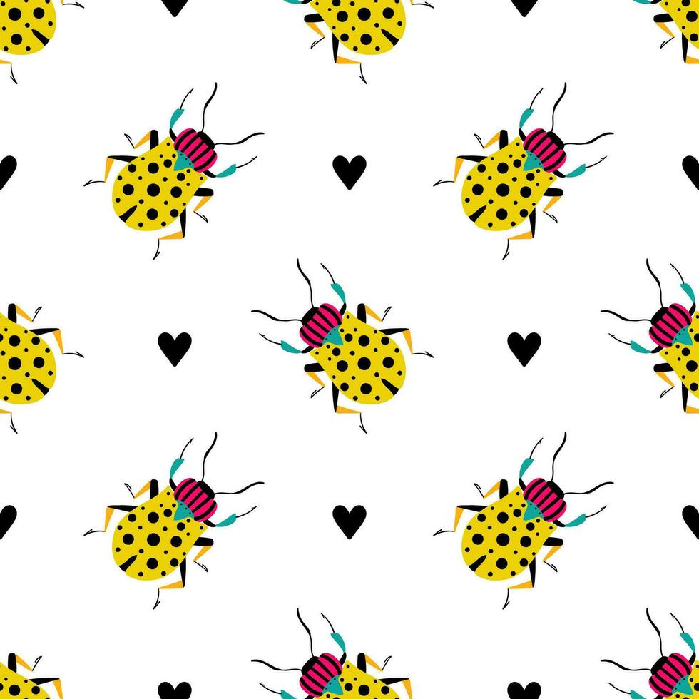Cute yellow beetles with black hearts. Seamless pattern with cartoon element. vector