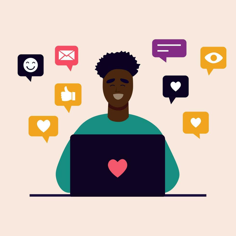 Black man with laptop and browsing nets to chat, get likes and hearts. Online social network, internet laptop. Vector illustration