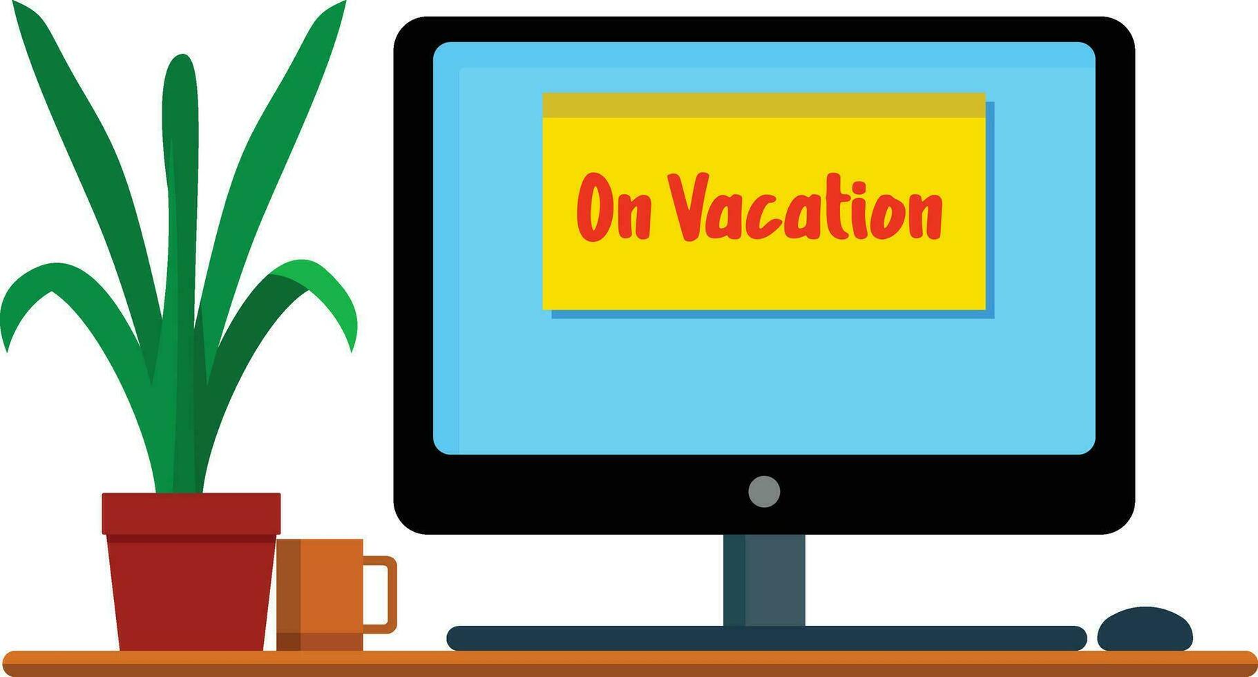 on vacation sticky note on a cubical, computer monitor, desktop, plant, physical files, at office desk stock vector image