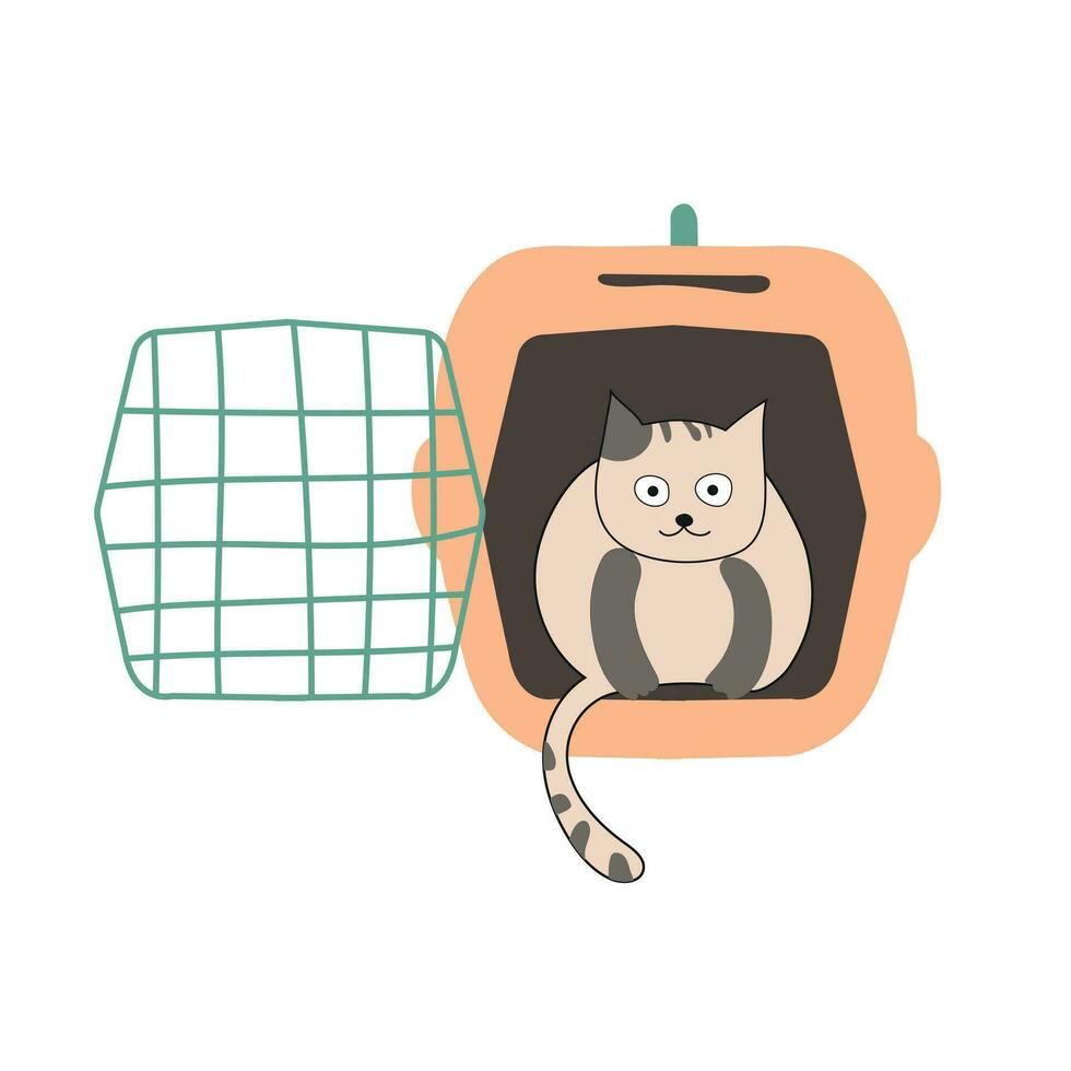 Cat in carrier. Cute cat in a transport open box. Plastic carrying case for traveling with pets or visiting veterinarian.Flat style vector