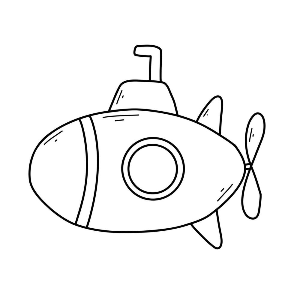Cute submarine in doodle style. Linear children's submarine isolated on white background. Vector illustration.