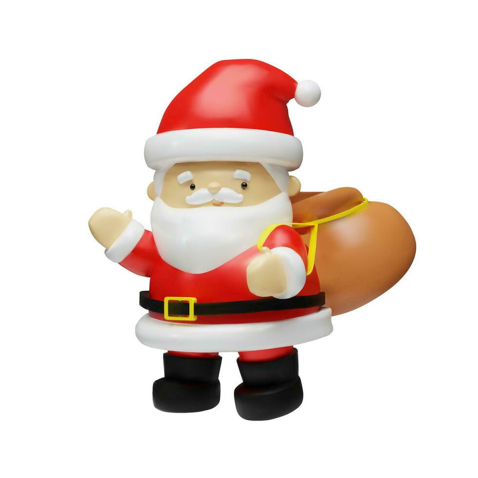 3D render Santa Claus with santa sack. Realistic xmas character in clay, plastic style. Vector illustration in cartoon style for celebrating Merry Christmas. and Happy New year. Winter holiday