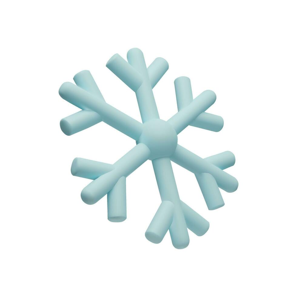 3d render snowflake. Meteorology realistic element. Vector symbol of cold, frost. Design element for winter season. Hegagon shape crystal in clay, plastic style