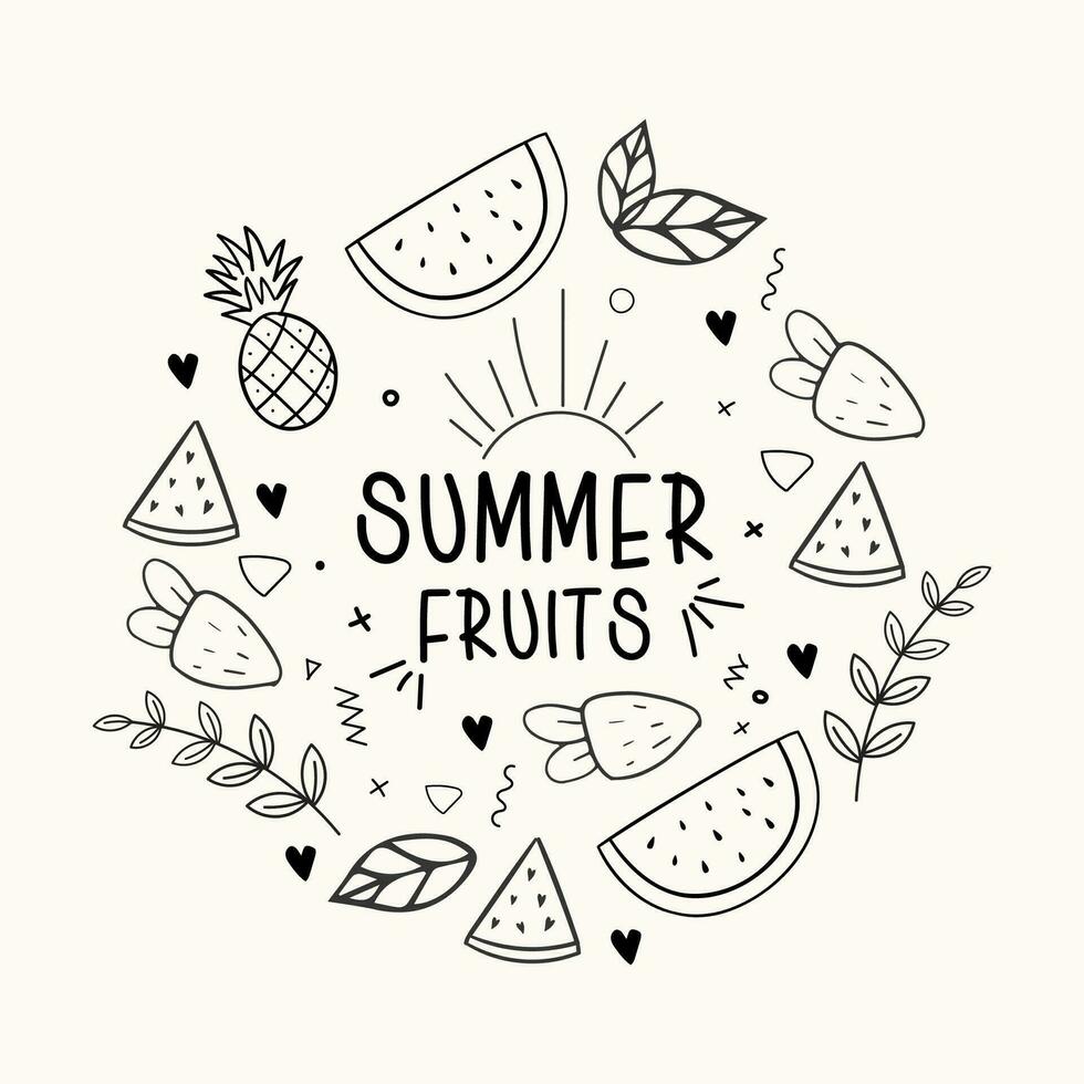 Hand drawn summer fruits frame with watermelon and strawberry vector