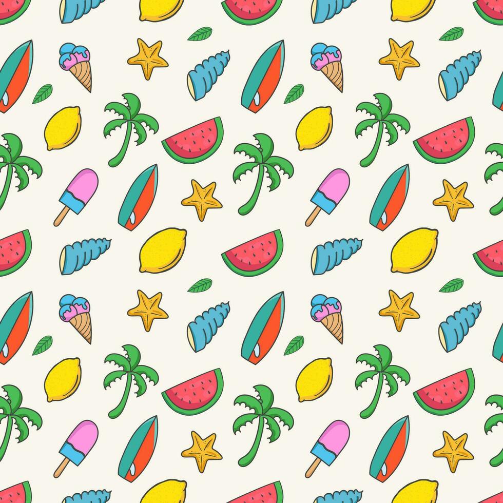Summer seamless pattern background with colorful hand drawn summer elements vector