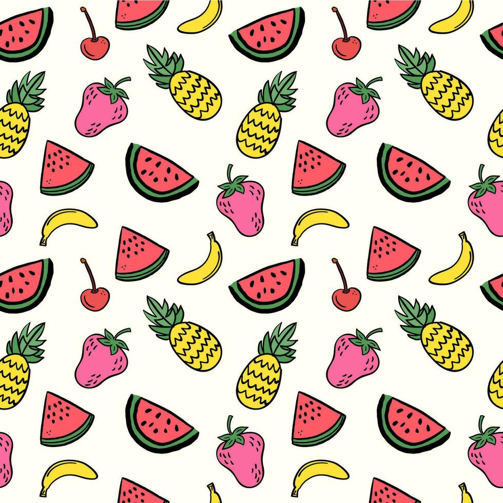 Colored summer tropical fruits pattern with hand drawn fruits vector illustration