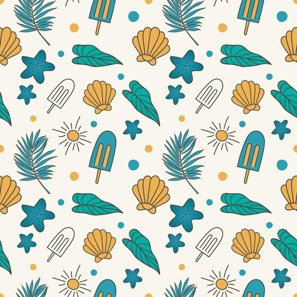 Colorful seamless summer pattern background with tropical leaves ice cream sun and star fish vector