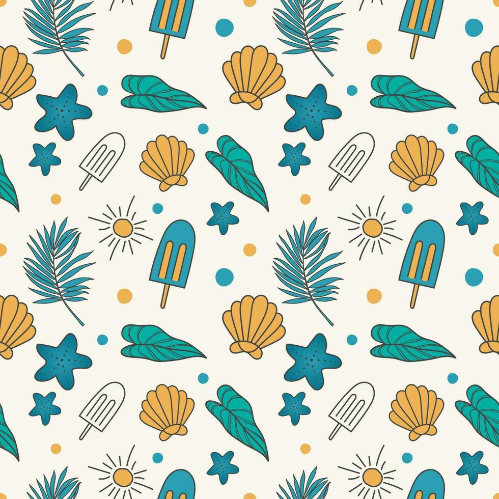 Colorful seamless summer pattern background with tropical leaves ice cream sun and star fish vector