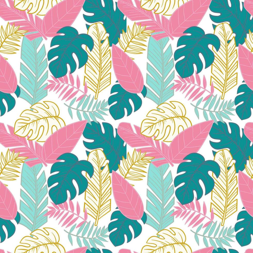 Hand drawn summer leaves pattern with colored tropical leaves vector