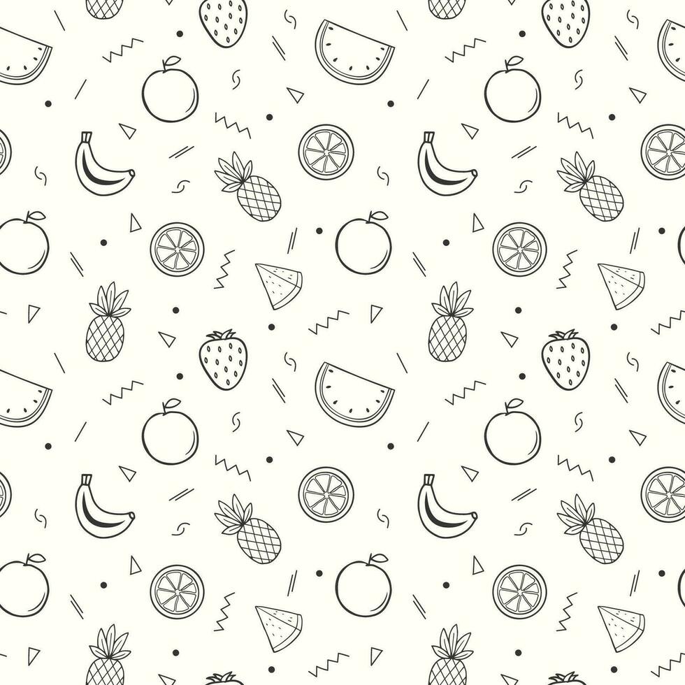 Hand drawn summer fruits pattern with tropical fruits and geometric shapes vector