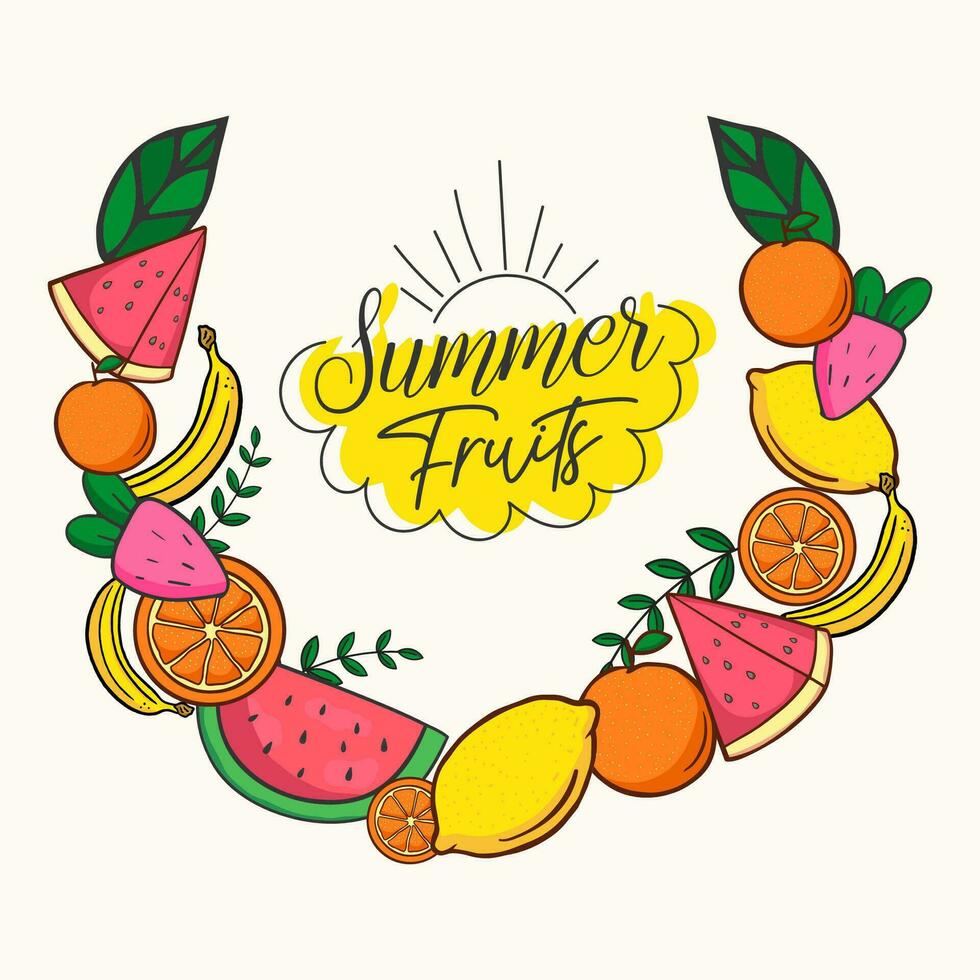 Hand drawn summer fruits illustration collection watermelon pineapple banana strawberry and lemon vector