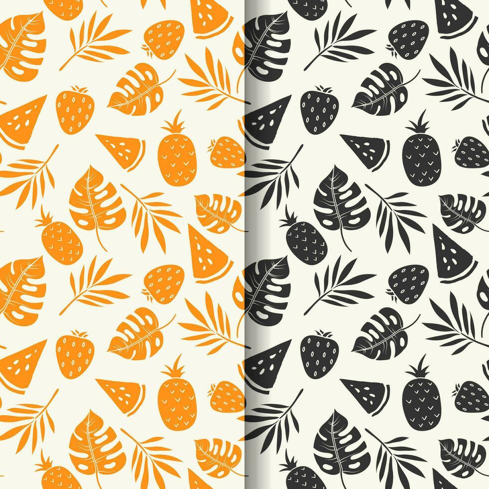 hand drawn summer duotone pattern design with fruits and tropical leaves vector