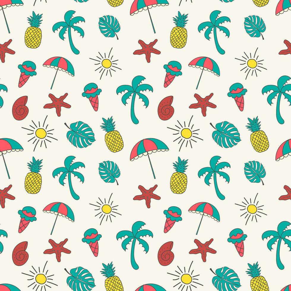 Summer seamless pattern background with colorful hand drawn summer elements vector