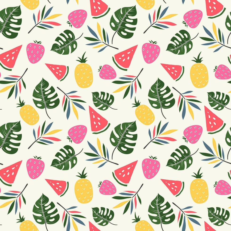 Summer seamless pattern with colorful summer fruits and tropical leaves vector