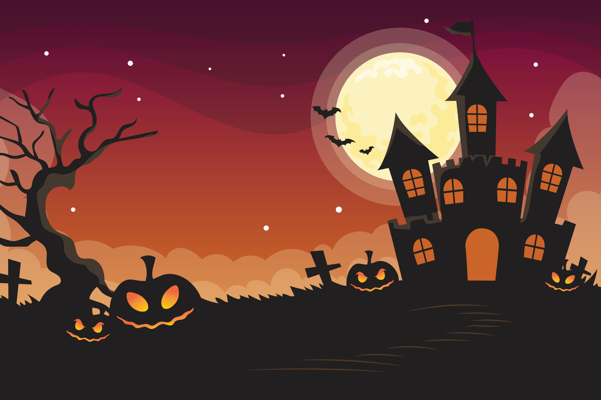 Halloween night background, pumpkins and dark castle. vector ...