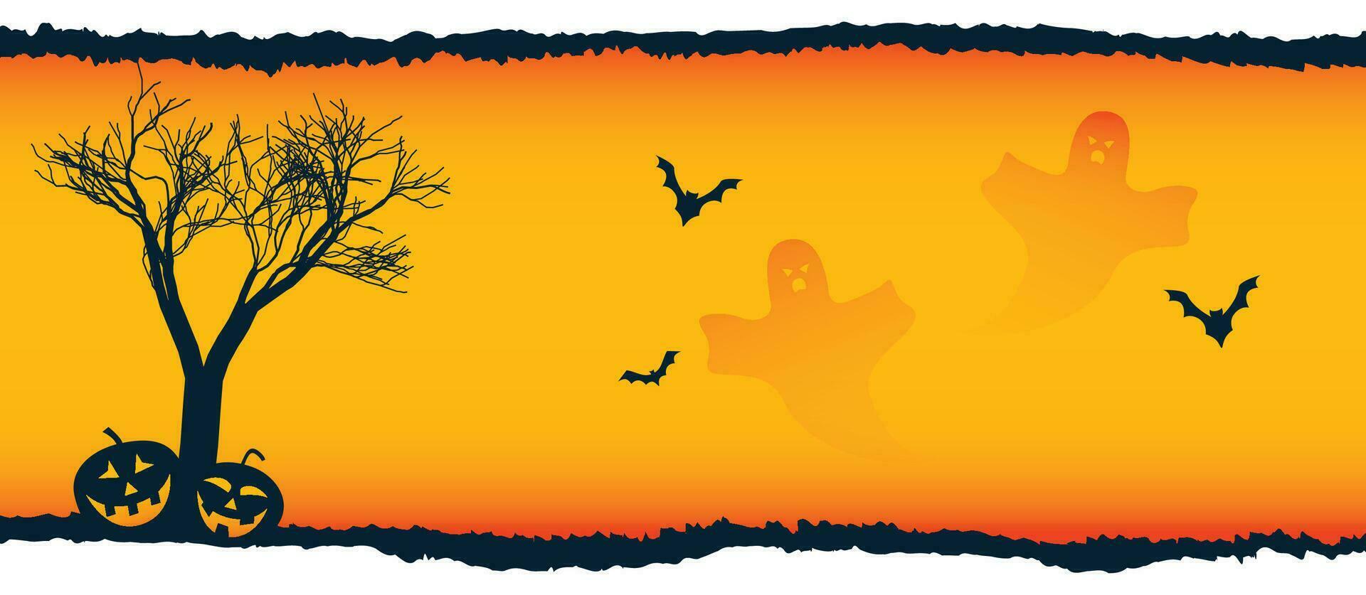 Halloween pumpkins, spooky trees and haunted house with moonlight on blue background. vector