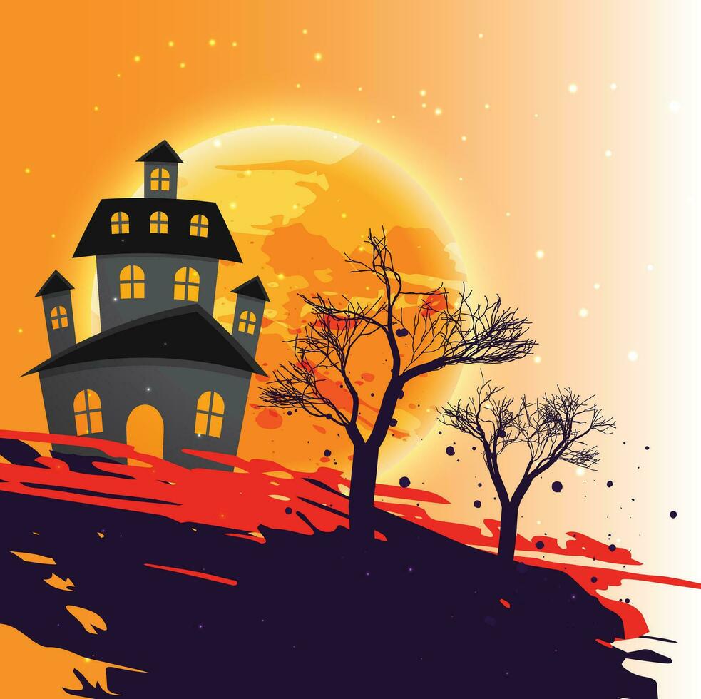 Halloween card template with full moon, spooky castle, pumpkins and bats. vector