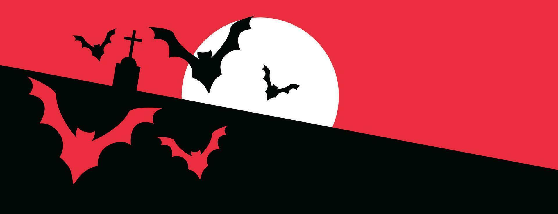 Halloween card template with full moon, spooky castle, pumpkins and bats. vector