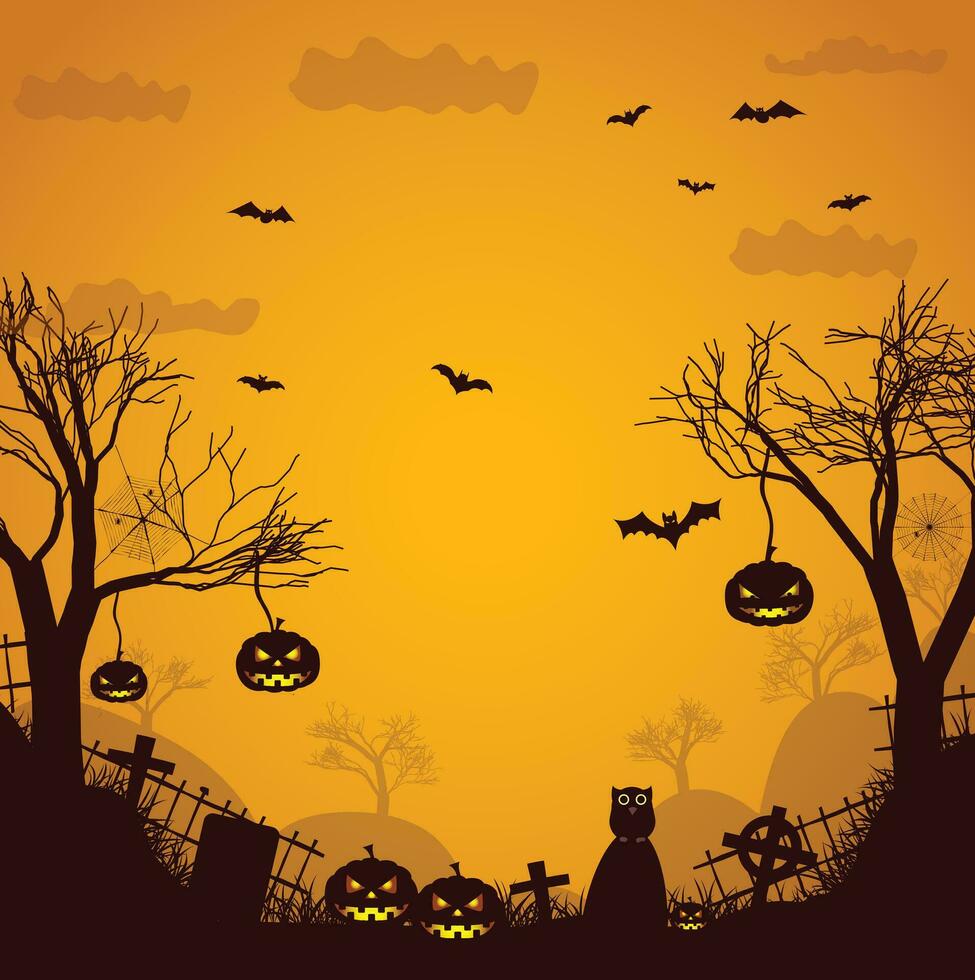 Happy Halloween party poster. Frame, night clouds, pumpkin in paper cut style. Vector illustration. Witch cauldron, spider web, flying ghost bat. Place for text. Brochure layout template background