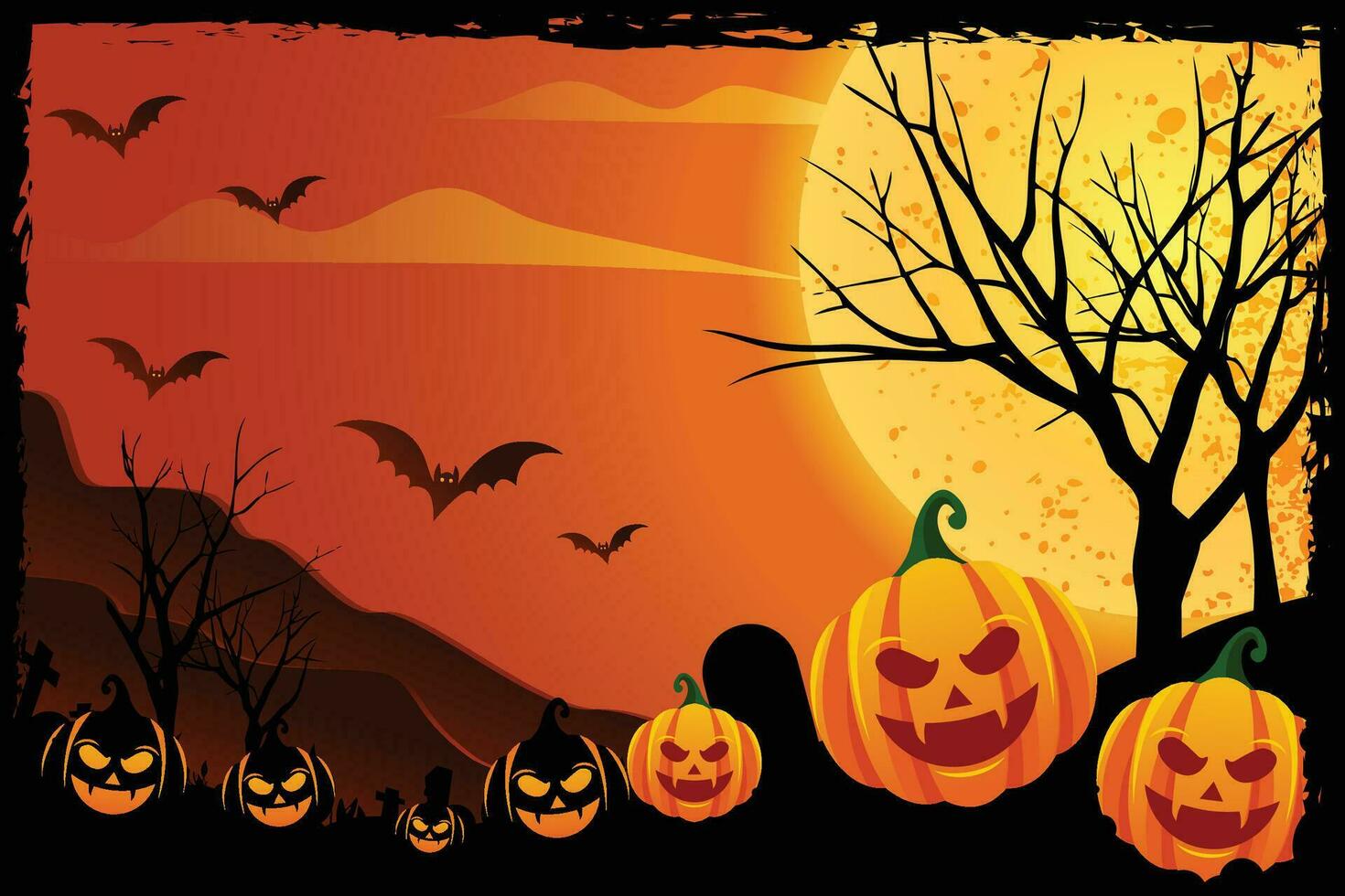 Halloween night background, pumpkins and dark castle. vector illustration.
