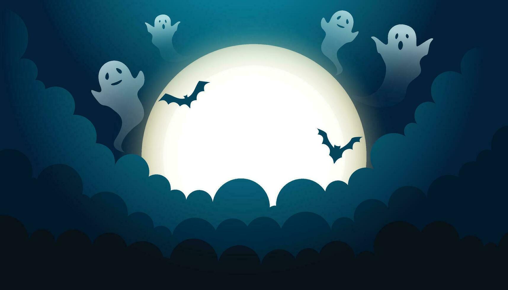 Halloween card template with full moon, spooky castle, pumpkins and bats. vector