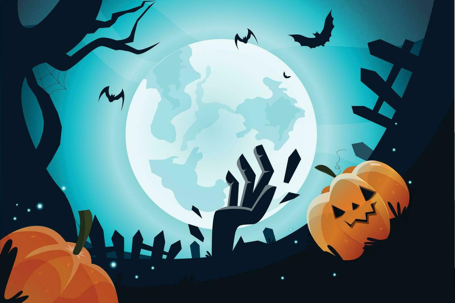 Halloween night background, pumpkins and dark castle. vector illustration.