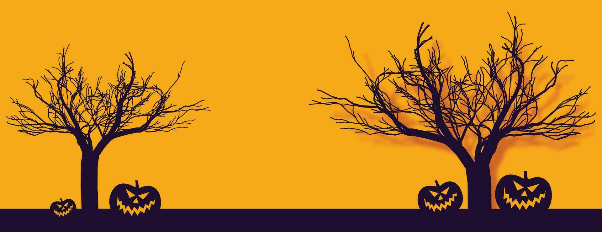 Halloween pumpkins, spooky trees and haunted house with moonlight on blue background. vector