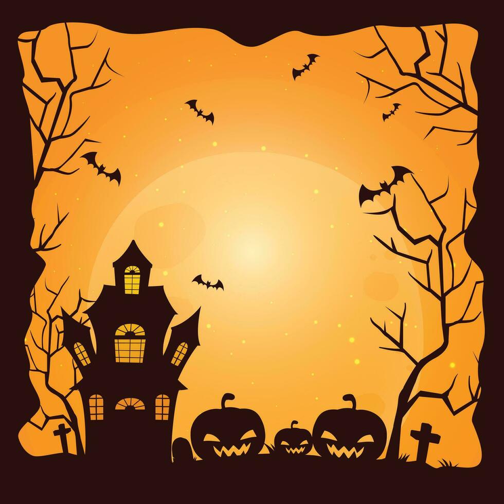 Halloween night background, pumpkins and dark castle. vector illustration.