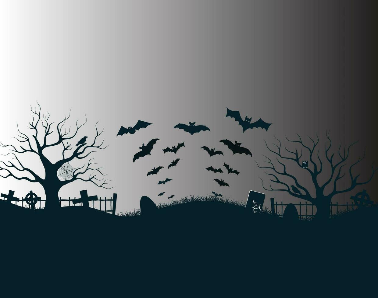 Halloween pumpkins, spooky trees and haunted house with moonlight on blue background. vector