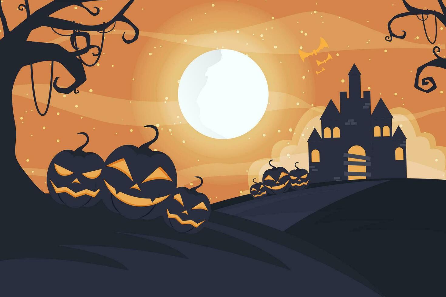 Halloween night background, pumpkins and dark castle. vector illustration.