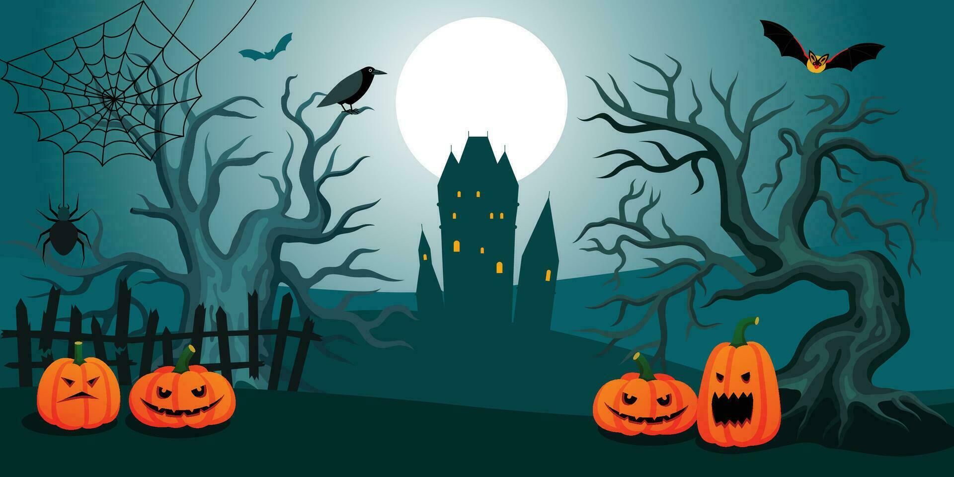 Halloween night background, pumpkins and dark castle. vector illustration.