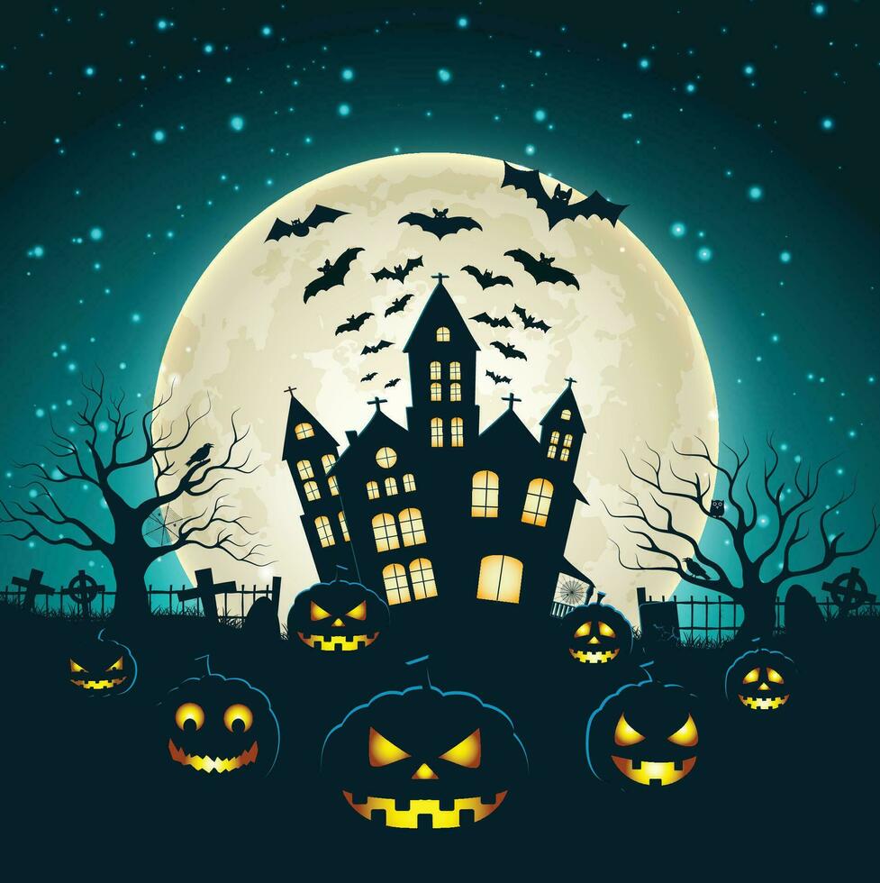 Halloween card template with full moon, spooky castle, pumpkins and bats. vector