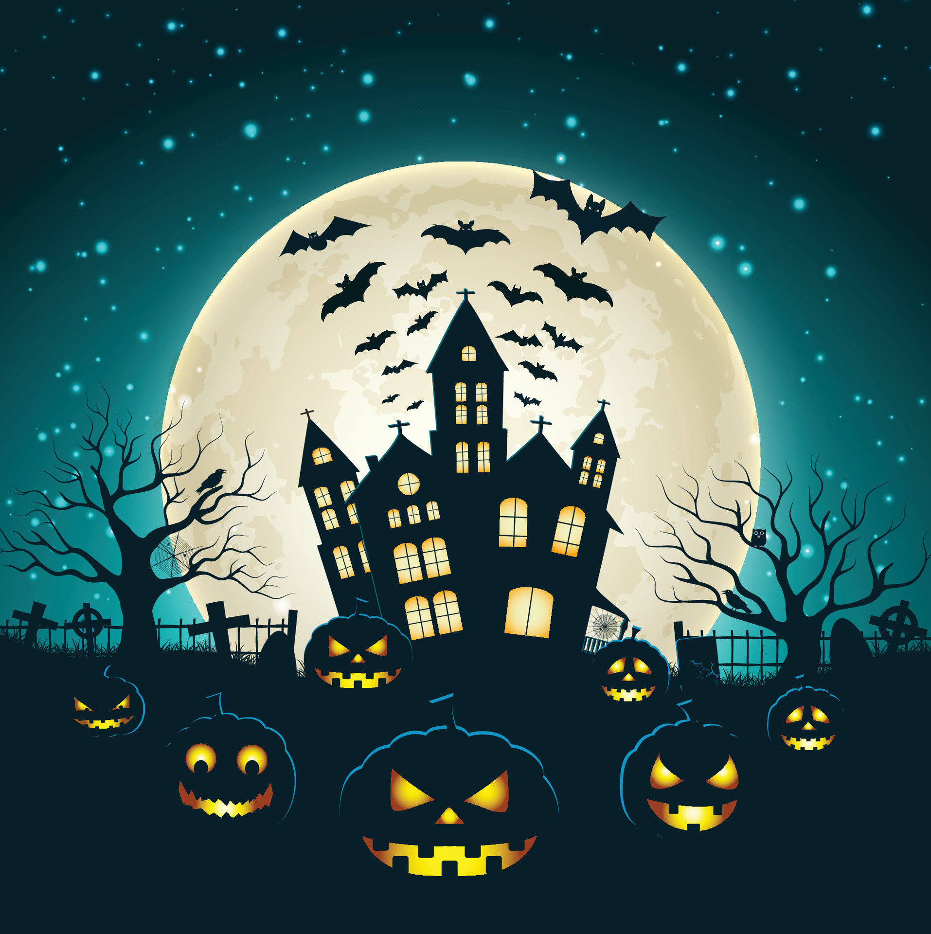 halloween-card-template-with-full-moon-spooky-castle-pumpkins-and