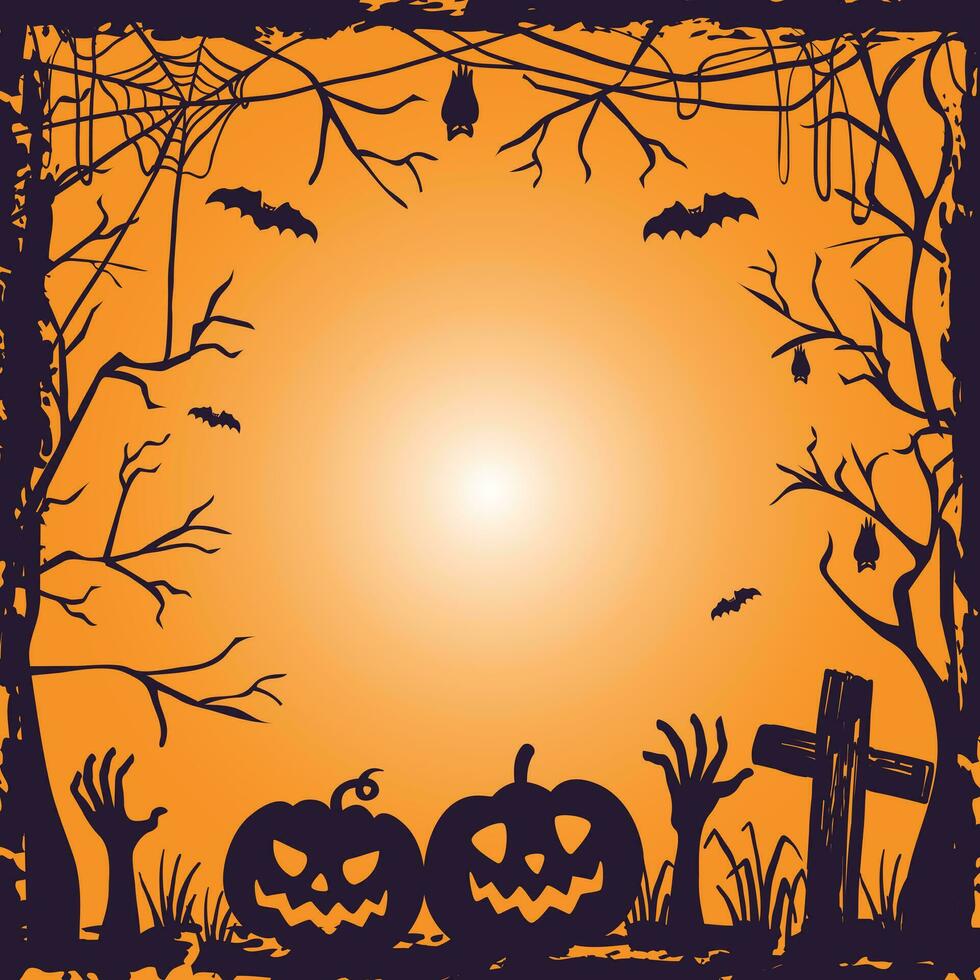 Halloween pumpkins, spooky trees and haunted house with moonlight on blue background. vector