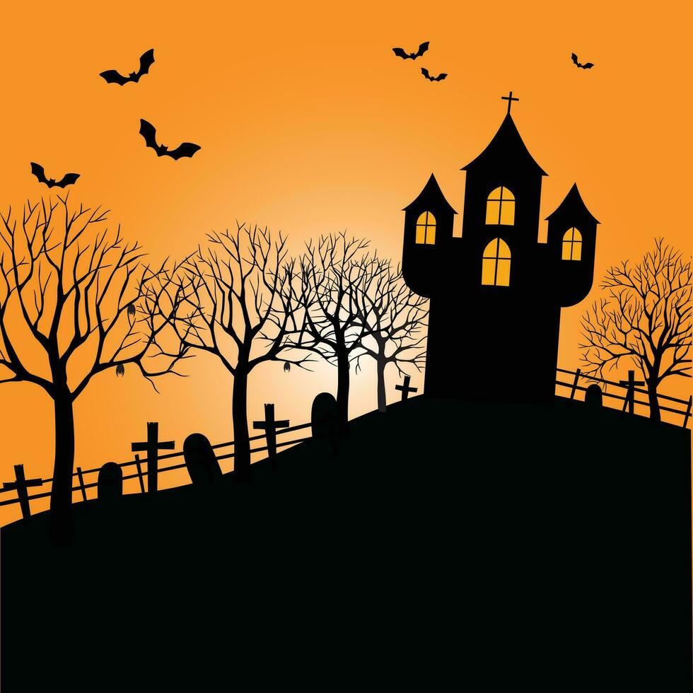 Happy Halloween party poster. Frame, night clouds, pumpkin in paper cut style. Vector illustration. Witch cauldron, spider web, flying ghost bat. Place for text. Brochure layout template background