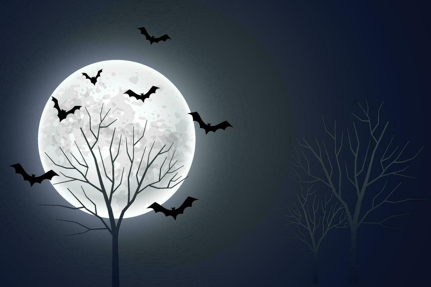 Halloween card template with full moon, spooky castle, pumpkins and bats. vector