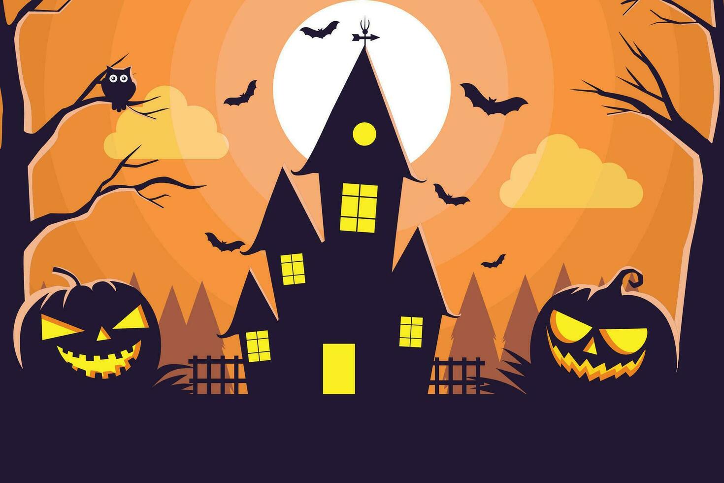 Halloween night background, pumpkins and dark castle. vector illustration.