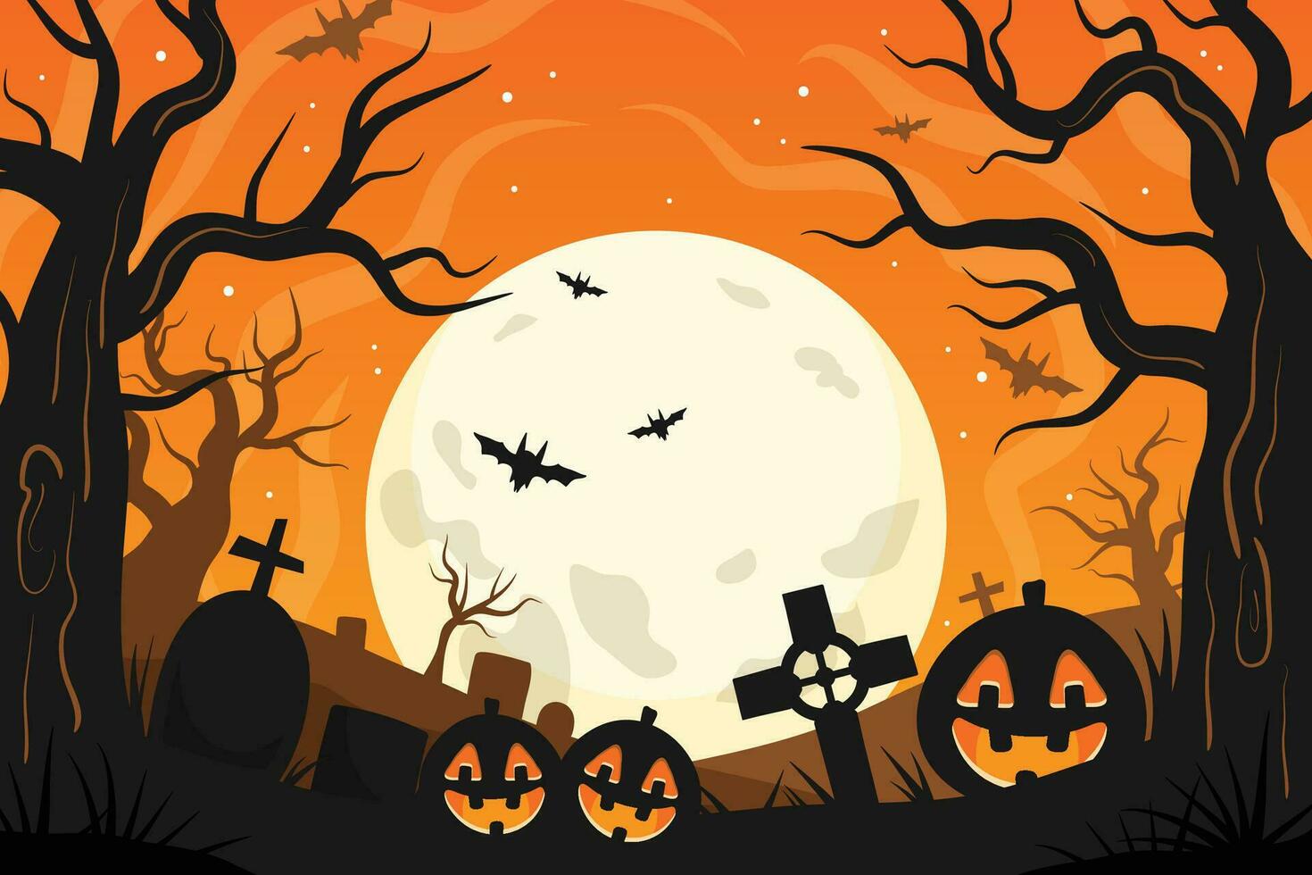 Halloween card template with full moon, spooky castle, pumpkins and bats. vector