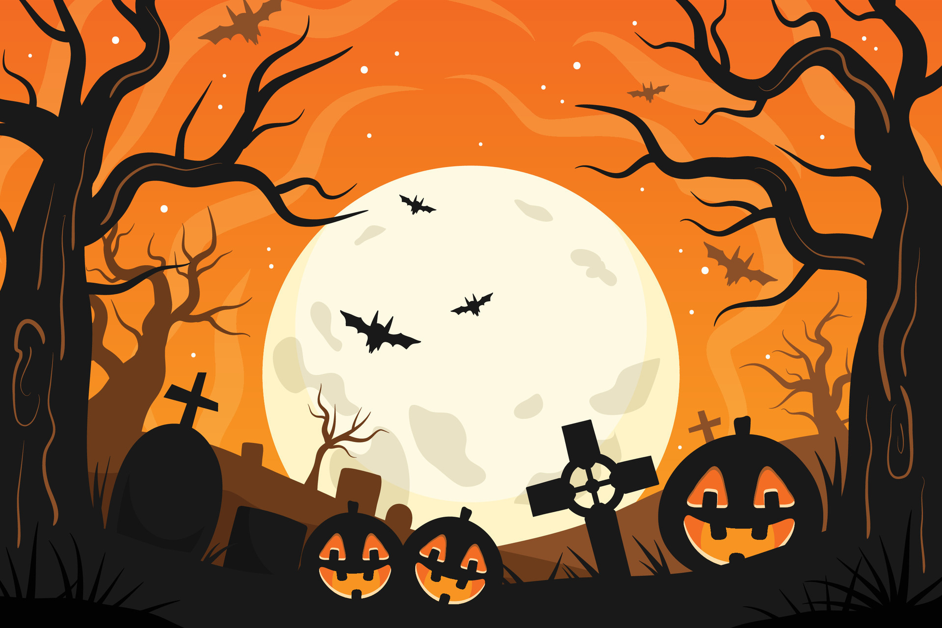 Halloween card template with full moon, spooky castle, pumpkins and Halloween card template with full moon, spooky castle, pumpkins and