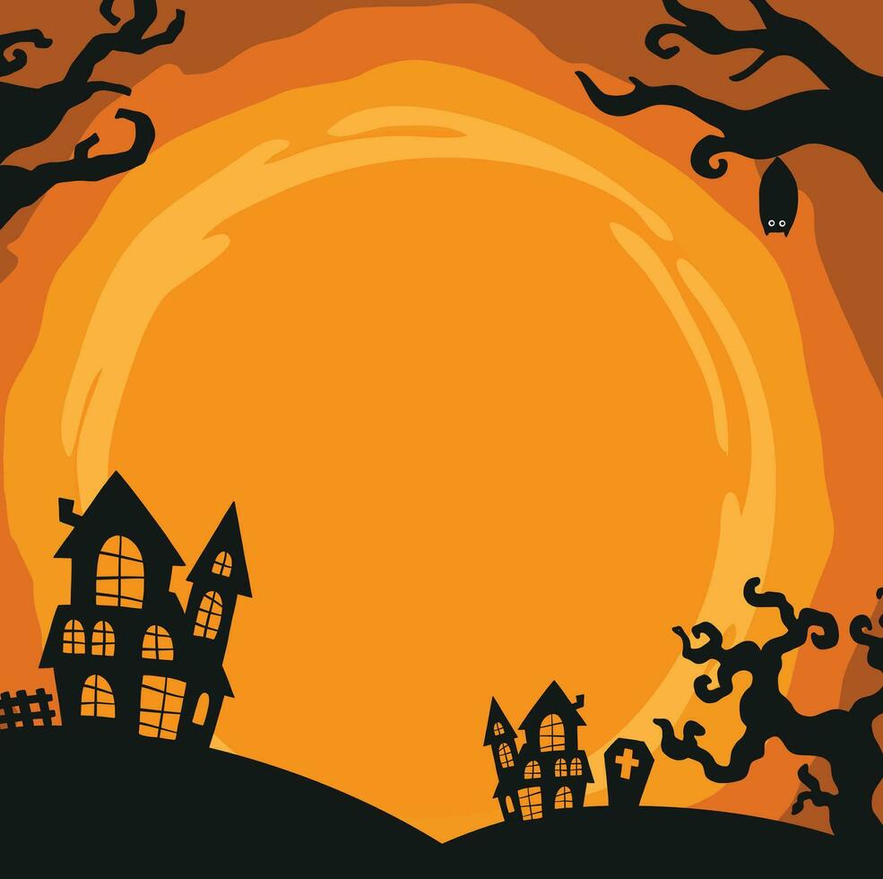 Halloween pumpkins, spooky trees and haunted house with moonlight on blue background. vector