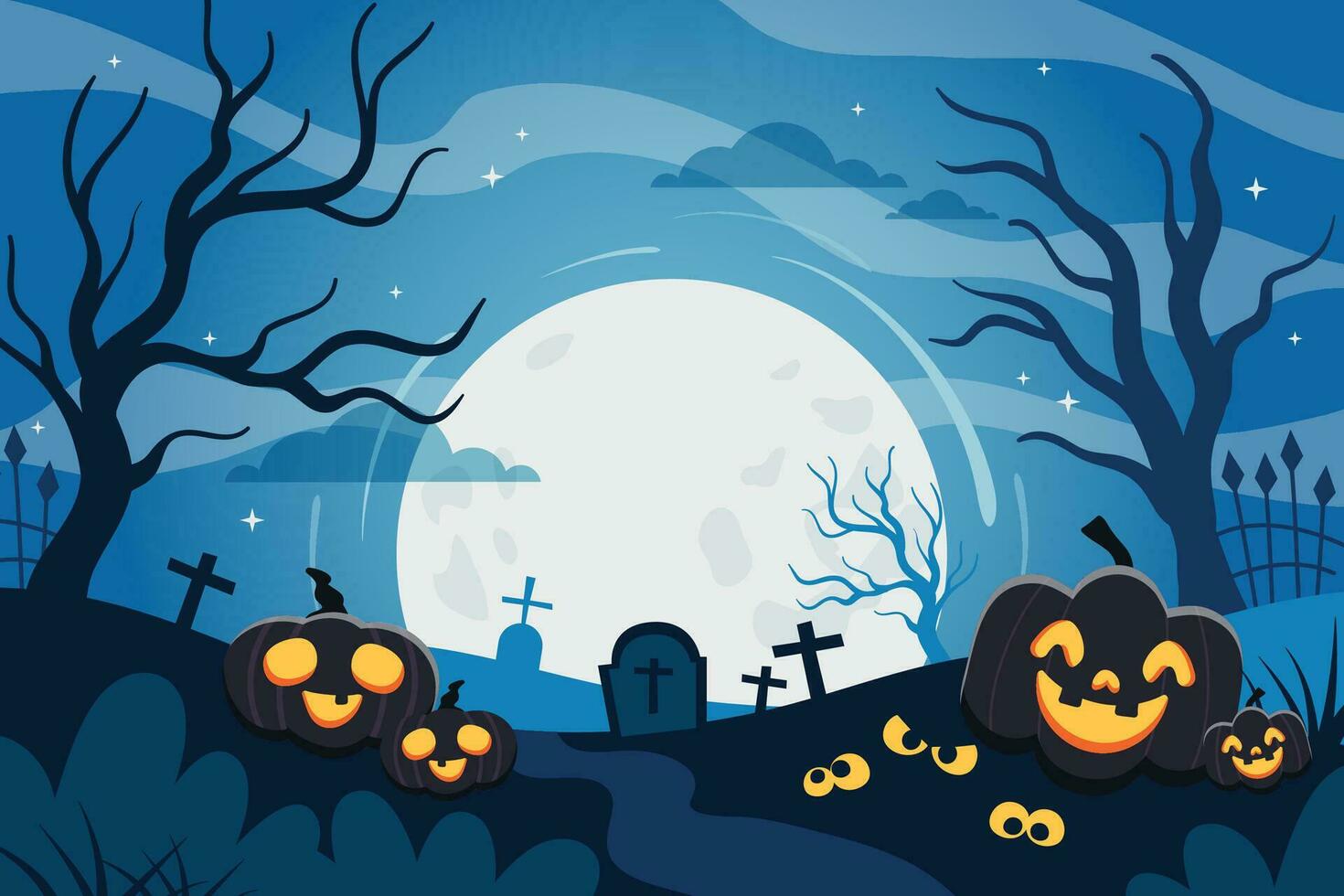 Halloween card template with full moon, spooky castle, pumpkins and bats. vector