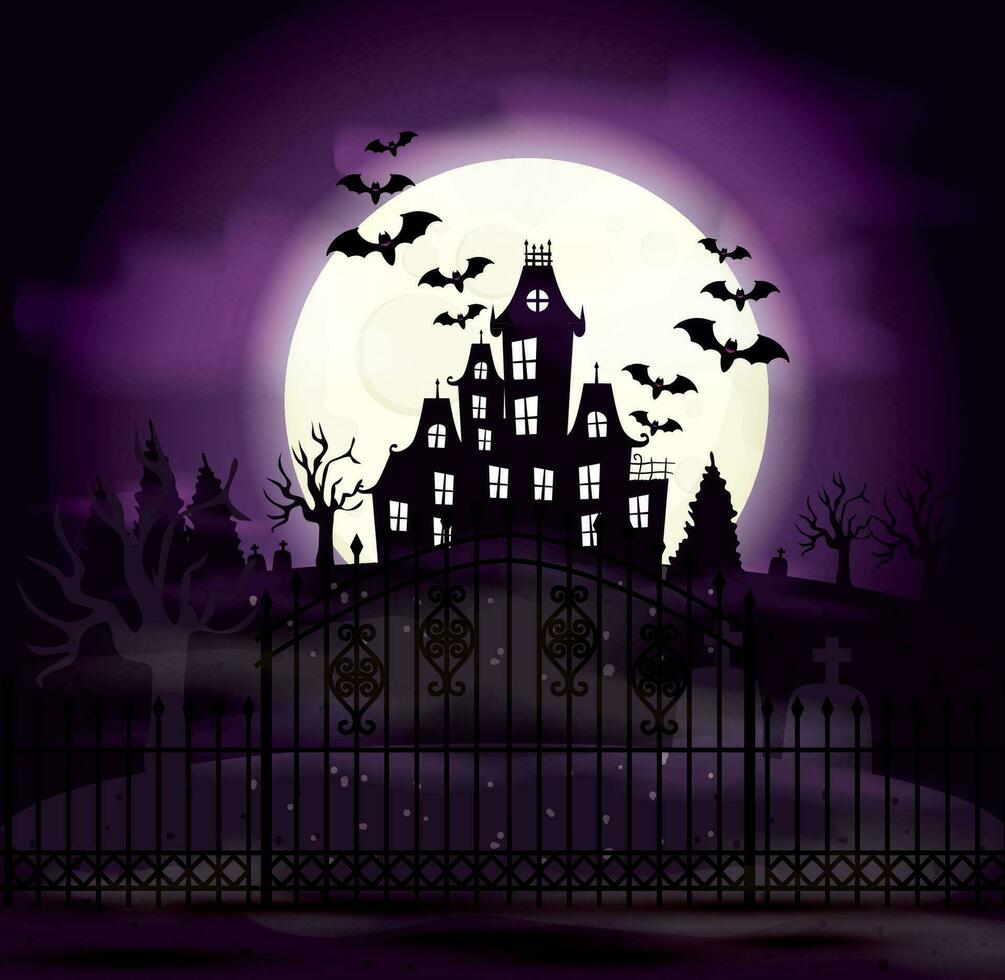 Halloween card template with full moon, spooky castle, pumpkins and bats. vector