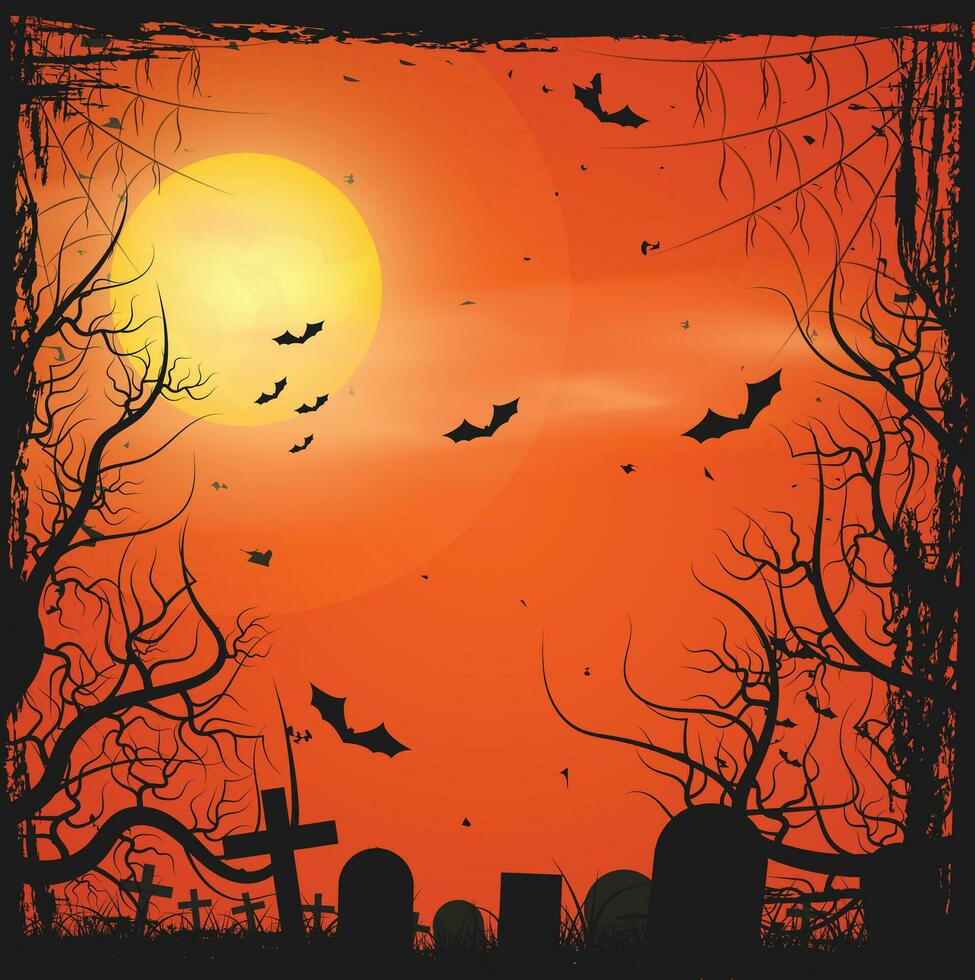 Halloween card template with full moon, spooky castle, pumpkins and bats. vector