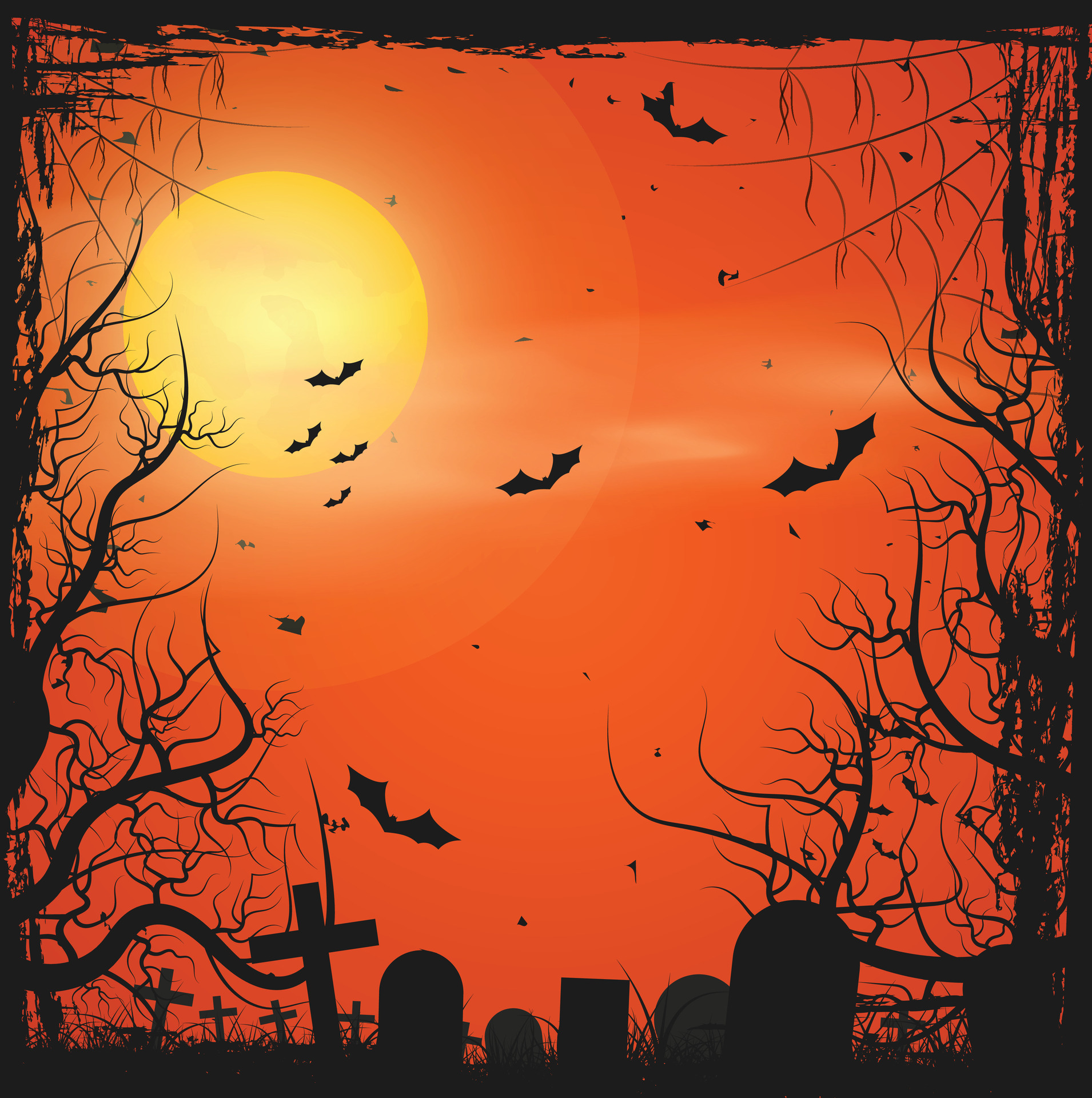 Halloween card template with full moon, spooky castle, pumpkins and Halloween card template with full moon, spooky castle, pumpkins and