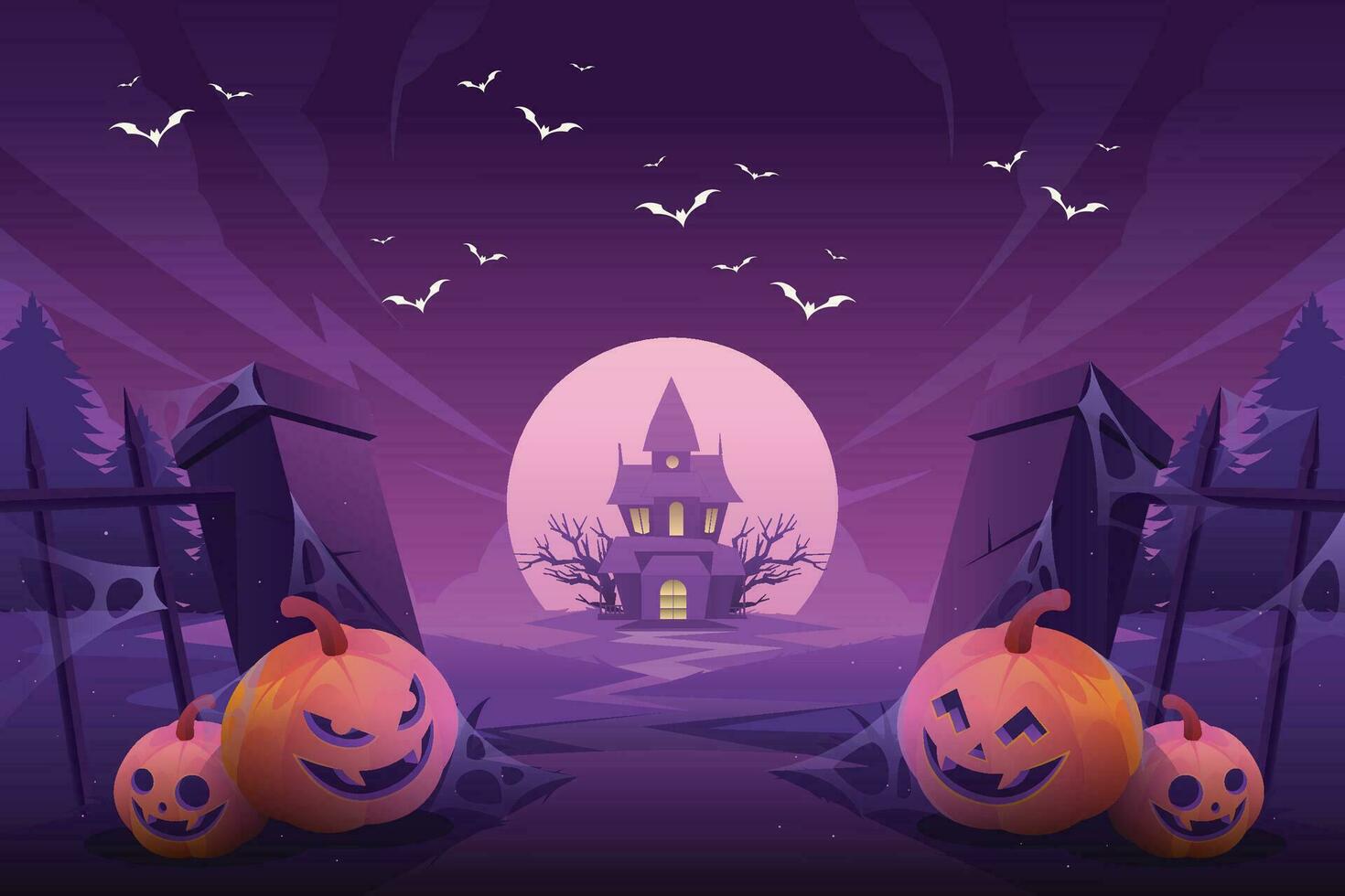 Halloween card template with full moon, spooky castle, pumpkins and bats. vector