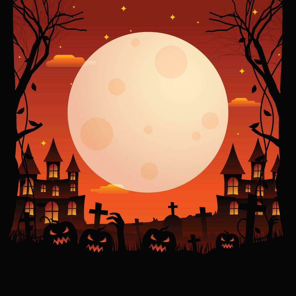 Víspera de Todos los Santos calabazas, escalofriante arboles y obsesionado casa con luz de la luna en naranja antecedentes. vector