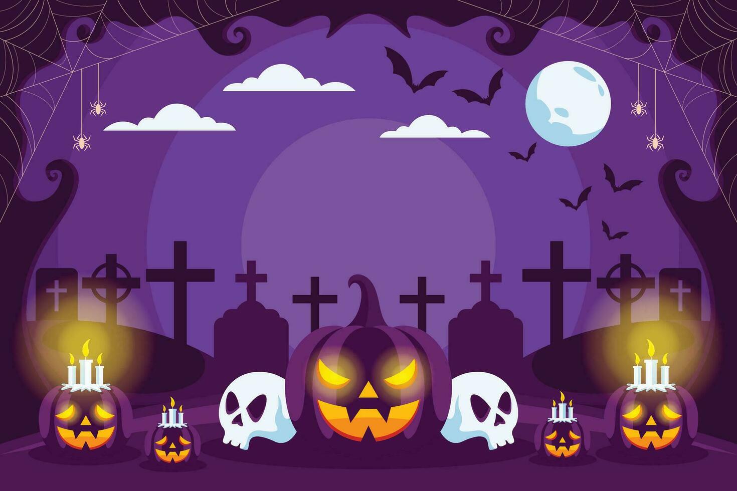 Halloween pumpkins, spooky trees and haunted house with moonlight on orange background. vector