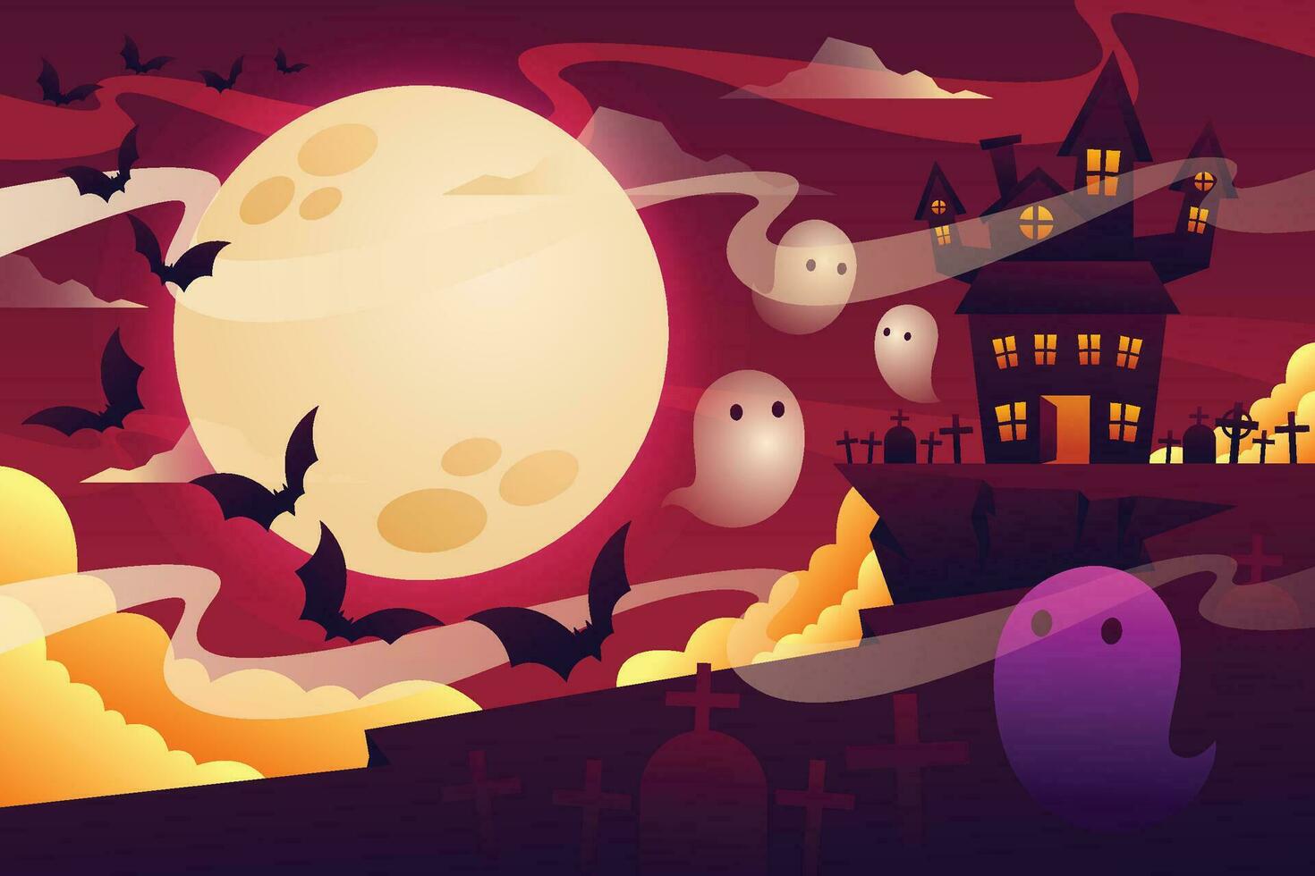 Halloween pumpkins, spooky trees and haunted house with moonlight on orange background. vector