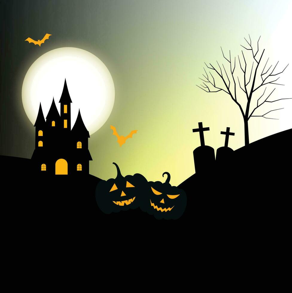 Halloween card template with full moon, spooky castle, pumpkins and bats. vector