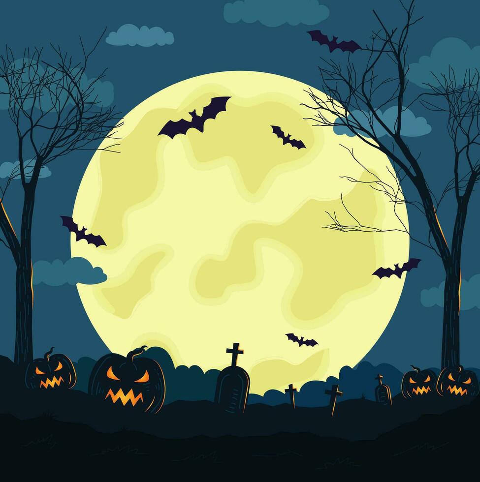 Halloween pumpkins, spooky trees and haunted house with moonlight on orange background. vector